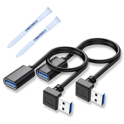 Image of YIMATEECO Right Angle USB3.0 Extension Cable, SuperSpeed USB Male to Female Extender, Cable with 90 Degree Adapter, Compatible Flash Drive (Up Angle, 30cm, 2pcs, Black)