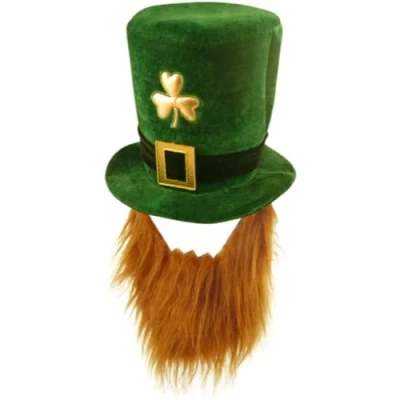 Image of HENBRANDT Adult Deluxe Green Leprechaun Top Hat with Ginger Beard St Patrick&#039;s Day Accessories Velvet One Size Irish Fancy Dress Costume Accessory for Men and Women