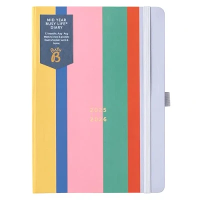Image of Busy B Diary A5 Mid Year Academic Life Weekly Journal Aug &#039;25 &#039;26 Multi Stripe Cover Planner with Dual Schedules, Calendar, Pen Loop, Pockets &amp; Elastic Closure