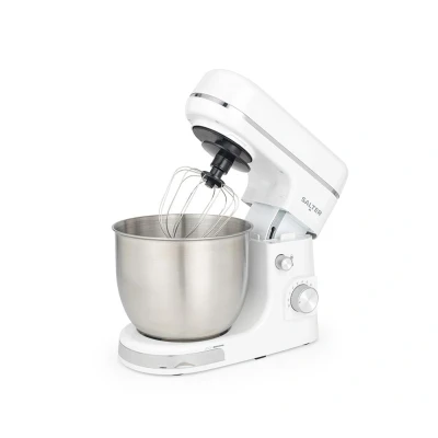 Image of Salter Boston Stand Mixer Electric Food Kitchen Mixer, 5L Stainless Steel Mixing Bowl, Includes Dough Hook, Wire Whisk, Beater &amp; Splash Guard, 8 Speeds Pulse Function, 1300W, Ice White Shimmer