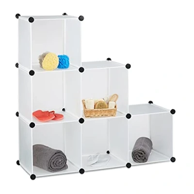 Image of Relaxdays Storage Shelf Step Rack with 6 Compartments, Stacking Shelves as Closet or Room Divider, Open Bookcase, White