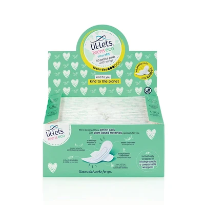 Image of Lil Lets Teens Eco Day Pads X 40 Petite Towels for Girls &amp; Teenagers with Wings Plant Based Materials Contains Sustainable Bamboo Light to Medium Flow