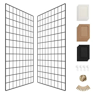 Image of Wall Photo Grid Shelf, Hanging Ins Art Display Panel for Decor &amp; Storage, Metal Wire Notice Boards Memo Board, Mesh Tool Organiser, Frame 2 Pcs (Black, 25.6 x 17.7 inches)