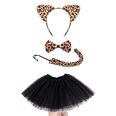 Image of Lizzy Ladies ANIMAL Fancy DRESS Tutu with EARS BOW TAIL SET for Halloween, Hen Party Outfit Skirt (Leopard Costume Black)