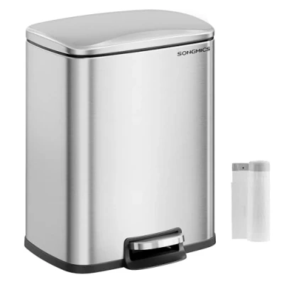 Image of SONGMICS Kitchen, 5.2 Gallon (20 L) Pedal, Trash Bin, Soft Close Lid, Stays Open, Inner Bucket, Includes 15 Rubbish Bags, Metallic Silver LTB543E01, Stainless Steel, 34.1 x 31.9 41.8 cm