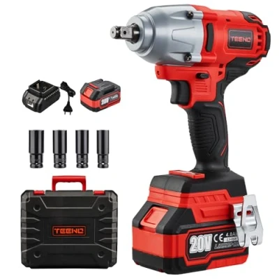 Image of TEENO Brushless Impact Wrench,600N.m Cordless Lithium Ion Wrench 4.0Ah Battery,Carry Box for Car Home,4pcs Sockets