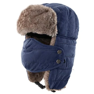 Image of Decentron Warm Trapper Hat Windproof Winter Russian Aviator Hats with Mask Ushanka (Navy Blue)