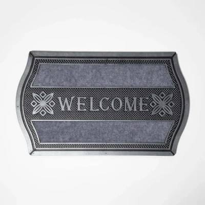 Image of HOMESCAPES Silver &#039;Welcome&#039; Rubber Door Mat Curved Edge Doormat Non Slip Waterproof Indoor &amp; Outdoor Mat, 75 x 45 cm