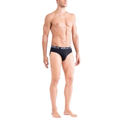 Image of REPLAY Men&#039;s Slip Basic Cuff Logo 2pcs Box Brief, Black/Black, S