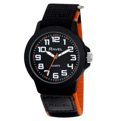 Image of Ravel Men&#039;s Modern Workwear Watch with Easy Fasten Strap Black/Orange Highlights