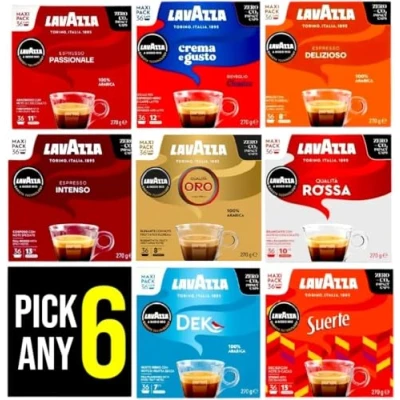 Image of Lavazza A Modo Mio Coffee Pods PICK ANY 6 from 5+ Flavours Inc. Crema e Gusto Classico, Delizioso, Intenso, Passionale and Rossa. (Total Pack, 216 Capsules)
