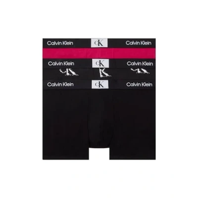 Image of Calvin Klein Men Boxer Short Trunks Stretch Cotton Pack of 3, Multicolor (Blk/Ck Distressed Print_Blk/Jewel), XS
