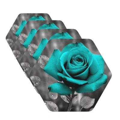 Image of Teal Grey Rose Coasters for Drinks Set of 4 Non slip Leather Coaster Heat Resistant Drink Tabletop Protection Absorbent Cup Mat Coffee Table Decor Hexagon