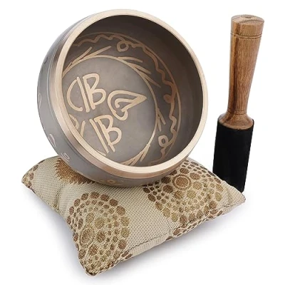 Image of Ajuny Tibetan Singing Bowl Set Handcrafted Meditation Brass Sound with Stick and Cushion for Yoga, Chakra Healing, Mindfulness Stress Relief Spiritual Gifts Beige