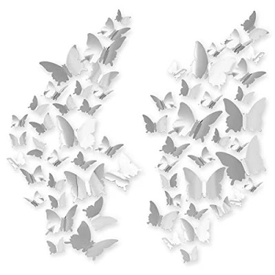 Image of 60pcs Butterfly Stickers, CAYUDEN 3D Removable Mirror Wall Stickers DIY Decorations 3 Sizes Decal for Room, Window, Nursery, Wedding, Cake, Party Decoration(Silver)