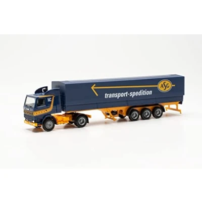 Image of herpa 315272 Scania 142 Planen Tractor Trailer ASG True to its Original Scale of 1:87, Plastic Truck Diorama, Model Building, Decoration, Collector&#039;s Item, Made in Germany Miniature, Blue, Yellow