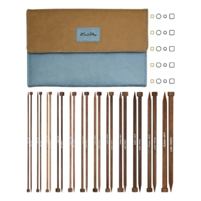 Image of KnitPro Ginger Single Pointed Needle Set 12 x 25cm Ended Knitting Pin Pairs for Beginners, Professionals &amp; Gift Set, Brown