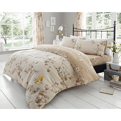 Image of GC GAVENO CAVAILIA Floral Duvet Cover Double, Reversible Botanical Sparrow Quilt Covers Bed Sets With Pillowcases, Premium Birdie Blossom Bedding Set, Natural, 3 Pieces