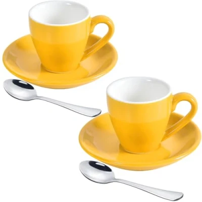 Image of ionEgg Porcelain Espresso Cup with Saucer And Stainless Steel mini Spoons, shot Cup, 80ml/2.7Oz, Pack of 2, Yellow