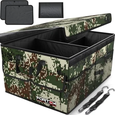 Image of FORTEM Car Boot Organiser, Storage Accessories, Collapsible Multi Compartment Tidy, Non Slip Bottom, Adjustable Securing Straps (Forest, Large)