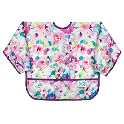 Image of Bumkins Sleeved Bib, Handy Tie Closure for Custom Fit, Catch All Pocket, Baby Led Weaning, Waterproof, Machine Washable, Stain &amp; Odour Resistant, BPA Free, 6 24 Months, Watercolour Design
