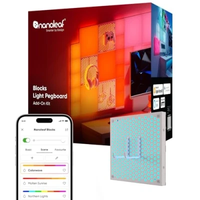 Image of Nanoleaf Blocks Expansion Kit 1 Backlit Pegboard (Requires Starter Kit), with 2 Sturdy Hooks, RGBW Wall Lights, Display Keyboards, Controllers, Screw Mounted Only (Screws Included)