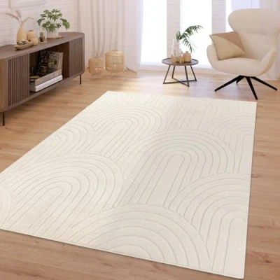 Image of TT Home Rug Living Room Shaggy Boho Scandinavian Abstract Unicoloured Washable Square, colour:Light Beige Light Cream, Size:120x160 cm