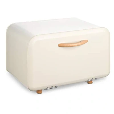 Image of Navaris Bread Bin Metal Box Storage Tin with Front Opening Drop Down Door for Kitchen Counter or Shelf Bakery Container Cream