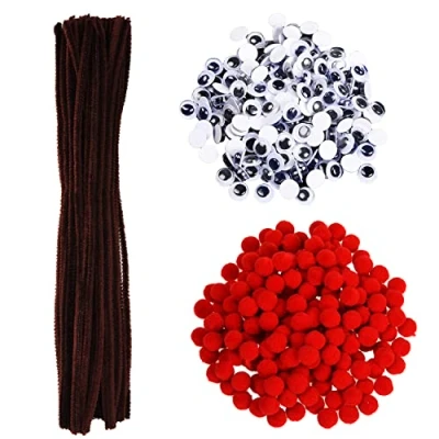 Image of XNHIU Euvoym 500 Pieces Christmas Brown Pipe Cleaners Chenille Stems Red Pom Poms Fluffy Pompoms Wiggle Googly Eyes for DIY Crafts Reindeer Making Party Supplies