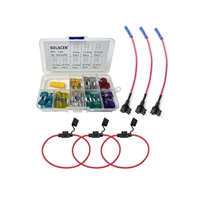 Image of KOLACEN Automotive Car Truck Mini Blade Type Fuse Assorted Kit 81 Pieces + 3 in line 16 Gauge Holder Add a Circuit TAP Adapter