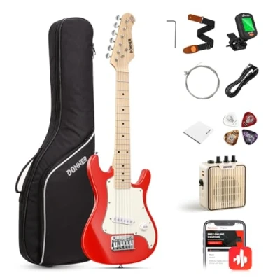 Image of Donner 30 Inch Kids Junior Electric Guitar Beginner Kit ST Style Mini Premium Bundle with Amp, Tuner, Capo, Bag, Strap, String, Cable (DSJ 100, Red)