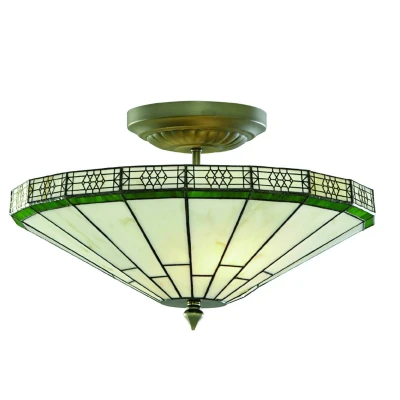 Image of New York 2 Light Semi Flush Ceiling Antique Brass, Tiffany Glass, E14