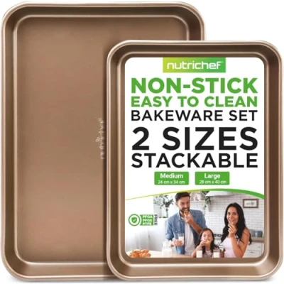 Image of Nutrichef 2 Piece Baking Sheets, Tray Nonstick, Sheet Pan Carbon Steel Cookie Sheet, Oven With Rimmed Border, Dishwasher Safe Trays, Metal, Perfect For Baked Goods And Cooking