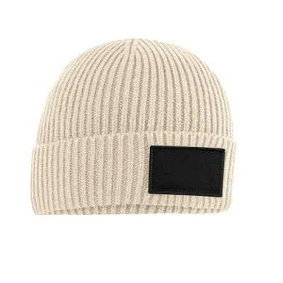 Image of Beechfield Ribbed Knit Fashion Patch Beanie Oatmeal/Black