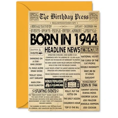 Image of 81st Birthday Card for Men Women Bday Press Newspaper 1944 Happy 81 Cards Auntie Nanny Nan Grandma Grandad Husband, A5 Greeting