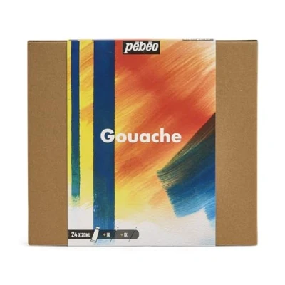 Image of Pébéo Studio XL Gouache Set 24 Tubes 20 Ml Assorted Colours + Accessories Kit for Artist and Beginner Brushes Spatula Cardboard Bright Vivid