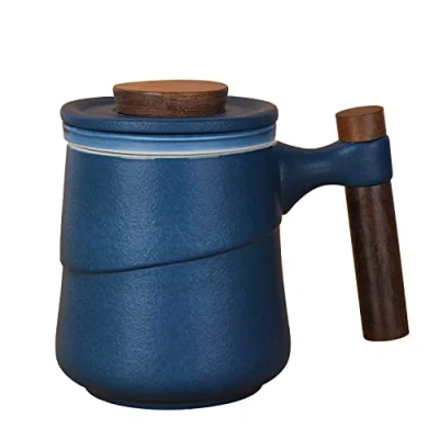 Image of NCQIXIAO Tea Cup with Infuser and Lid, Retro Mug Cups Infuser, Wood Handle Ceramic Coffee Lid for Steeping Loose Leaf 320ml/10.82OZ (Blue)