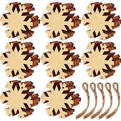 Image of KAHEIGN 60Pcs Wooden Christmas Ornaments, Snowflake Shape Wood Slice Ornaments for New Year Tree DIY Pendant Decoration with Hanging Cords