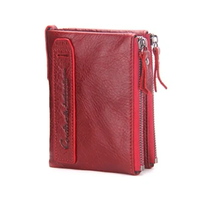 Image of Contacts Mens RFID Short Wallet Genuine Leather Women Bifold Card Coin Purse Double Zipper Pocket (Red)