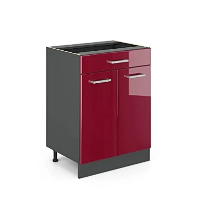 Image of Vicco Kitchen base cabinet Raul, Bordeaux High Gloss/Anthracite, 60 cm with drawer, without worktop