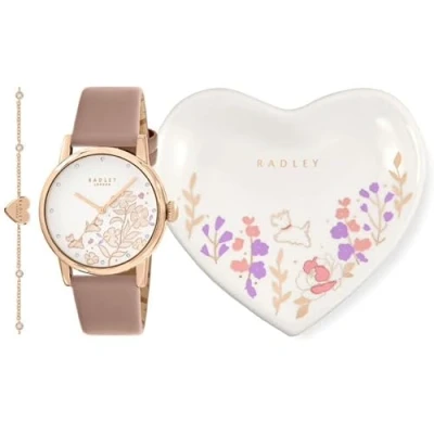 Image of RADLEY Womens Rose Gold Plated Pink Leather Watch, 18ct Bracelet &amp; Ceramic Trinket Tray Gift Set