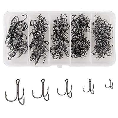 Image of OROOTL Treble Fishing Hooks Kit, 150PCS Round Bend Barbed Hook Strong High Carbon Steel Triple Fish Tackle Box Set for Baits Lures Trout Bass