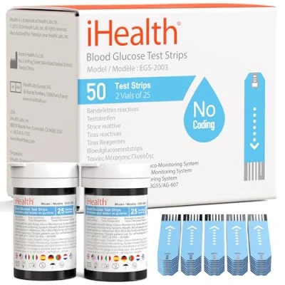 Image of iHealth Blood Glucose Test Strips (50 Count), Sugar Test, Eligible for FSA Reimbursement, Precision Measurement Diabetics, Work Only in Meters
