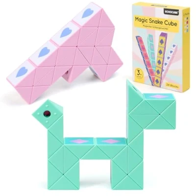Image of ECHOCUBE Magic Snake Cube with Poker Themed, 2 Pack 24 Blocks Speed Party Bag Fillers for Kids, Twist Puzzle Toys Educational Fidget Favours (Green &amp; Pink)