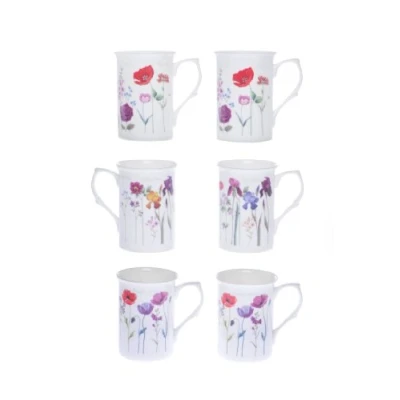 Image of (Item 1J) Kirsty Jayne China 10Fl oz Bone Beautiful Flowers Beakers, Mugs, Cups Packed in a Gift Boxed (Set of 6 Mugs)