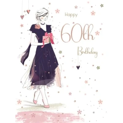 Image of ICG Female 60th Milestone Trifold Birthday Card Age 60 Lady in Purple Dress with an Embossed Foil Finish