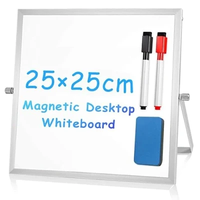 Image of Compact Magnetic Whiteboard with Dual Sided Easel 25x25cm Perfect for Office and Home Use, Includes 2 Erasable Pens &amp; Eraser