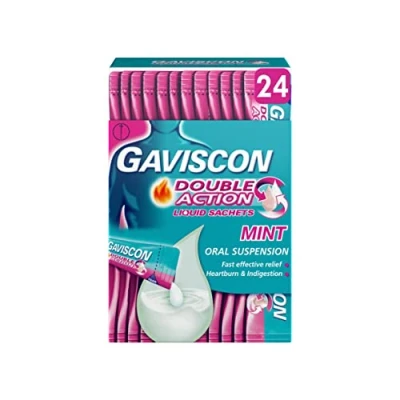 Image of Gaviscon Double Action Sachets, Mint, 24 X 10ml, Heartburn Relief, Acid Reflux, Indigestion Liquid Gerd, Gastro Resistant, Gets To Work Instantly, Lasts 2X Longer, Antacids, Digestion and Nausea