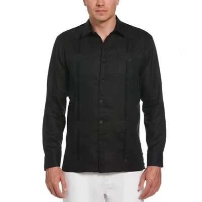 Image of Cubavera Men&#039;s 100% Linen Four Pocket Long Sleeve Guayabera (Size Small 5x Tall) Button Down Shirt, Jet Black, 4XL Big