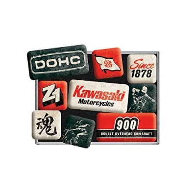 Image of Nostalgic Art, Retro Style Fridge Magnets, Kawasaki Motorcycles Gift idea for bikers, Magnet set notice board, vintage design, 9 pieces